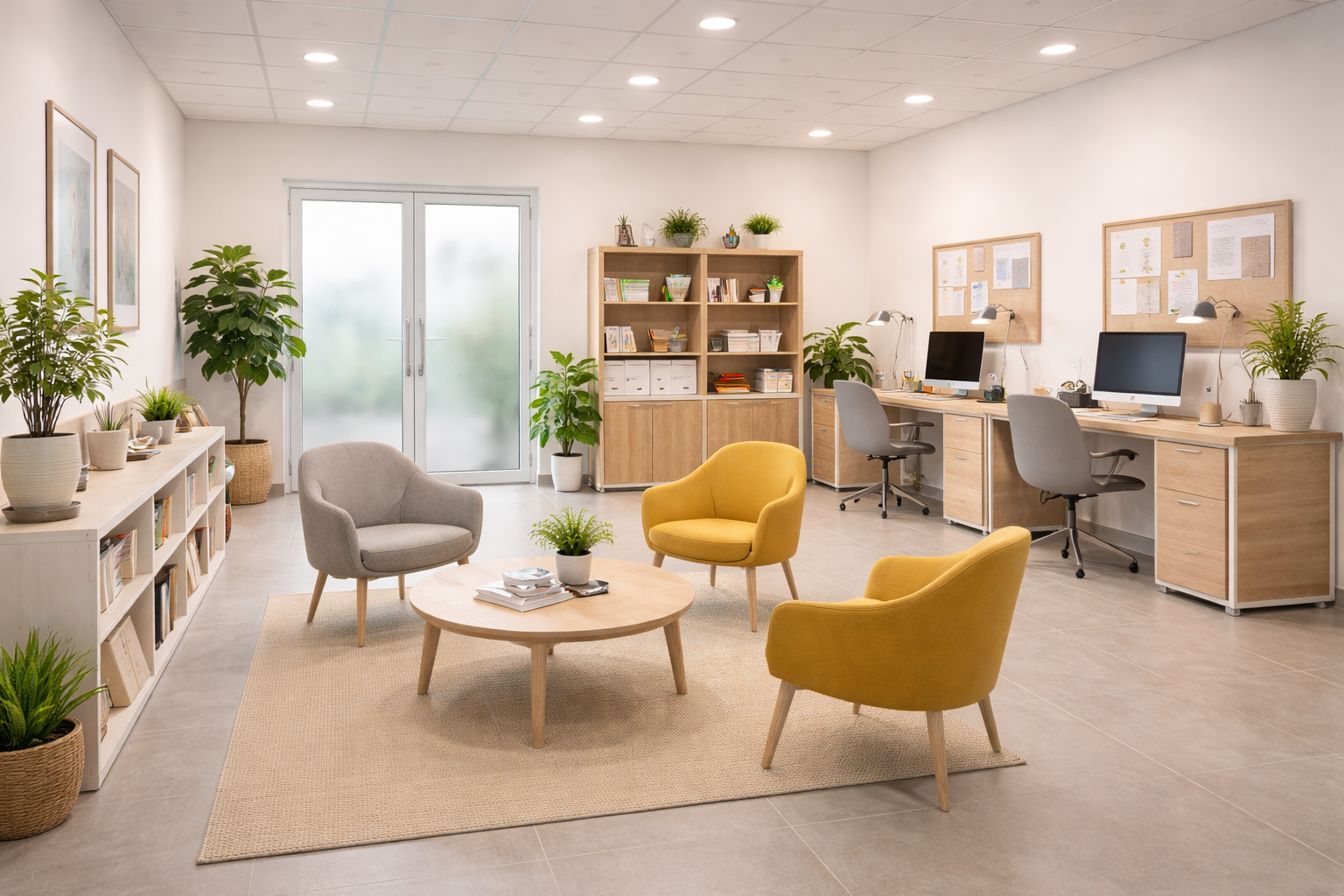 Realistic photo of a modern agency front desk and client waiting area